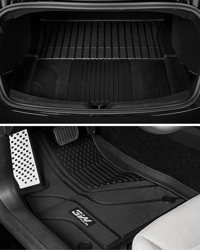 3W Tesla Model 3 Floor Mats 2026 2025 2024 with Metal Pedal, Full Set with Seatback Protector, Highland All Weather Custom Fit Rear Trunk Mat Accessories Black