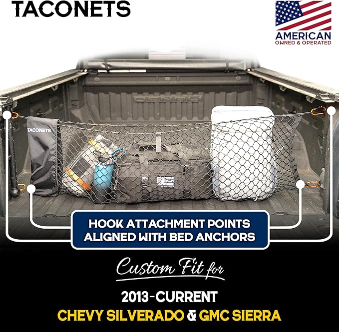 Envelope Cargo Net for GMC Sierra & Chevy Silverado - Fits 2013-Current - Upgraded 5mm Bungee - Integrated Storage Bag - Heavy Duty Carabiners - Designed in USA