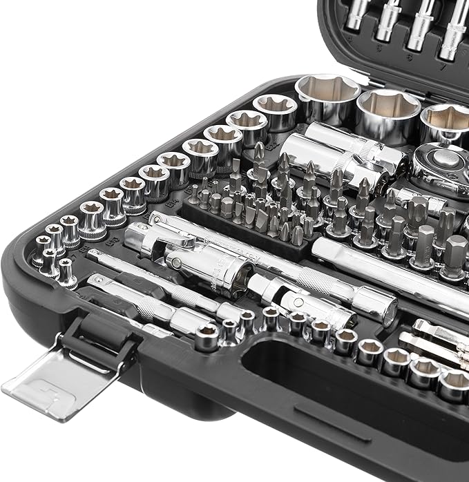 INTERTOOL Metric Socket Set, 1/4” 3/8” 1/2” Drive, 156-Piece, Ratchet Box Wrenches, Quick Release Ratchets, Extensions, Adapters, Security Bits, Screwdriver, Hex Keys, Hard Case, Tool Gift, ET08-8156