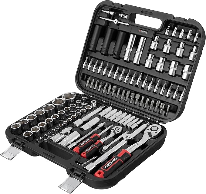 INTERTOOL Metric Socket Set 1/4” & 1/2” Drive 111-Piece 4-32 mm - 3pc Impact Sockets Cr-Mo - Quick Release Ratchets, Extensions, Adapters, Bits, Screwdriver, Hard Case - Tool Gift - ET08-8111