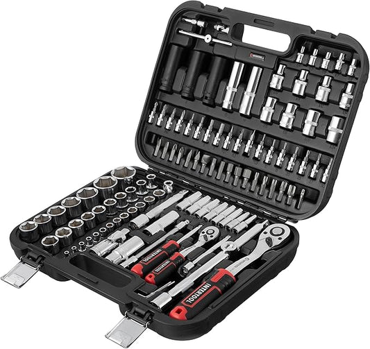 INTERTOOL Metric Socket Set 1/4” & 1/2” Drive 111-Piece 4-32 mm - 3pc Impact Sockets Cr-Mo - Quick Release Ratchets, Extensions, Adapters, Bits, Screwdriver, Hard Case - Tool Gift - ET08-8111