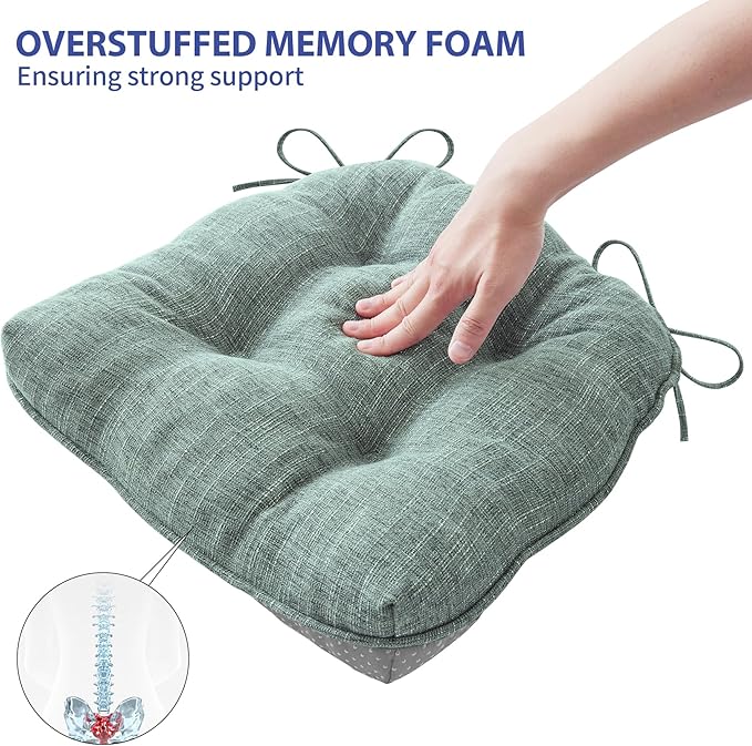 IPYNBAP Chair Cushions for Dining Chairs Set of 4, Kitchen Chair Cushions, Chair Pads with Ties Non Slip Backing, Christmas Room Decor, Tufted Memory Foam Seat Cushion 4 Pack, 18"x18"x4", Sage Green