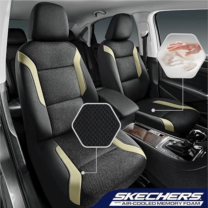 Skechers Memory Foam Car Seat Covers, Air Cool Mesh Thick Seat Covers,Car Seat Covers Front Seats Airbag Compatible, Automotive Comfort Protection for Most Cars,Van,Trucks, SUVs,Beige