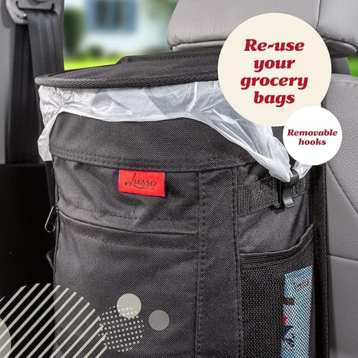 Lusso Gear Spill-Proof Car Trash Can (2 Pack) - Easy to Clean Hanging Garbage Bin - Leak-Proof, Removable Liner, Waterproof - Keeps Truck, SUV, Car, Minivan Clean & Odor Free (Black, Red Stitching)