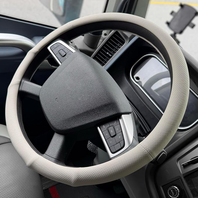 PINCTROT XL 17.5-18in Nappa Leather Supported Grip Steering Wheel Cover for Semi Truck, Fits RV, Big Rig Trucker, 18 Wheeler and Classic Cars, Anti-Slip Perforated Design 17.5-18 Inch (Cream White)