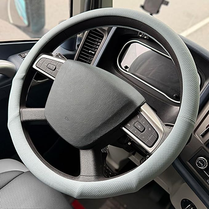 PINCTROT XL 17.5-18in Nappa Leather Supported Grip Steering Wheel Cover for Semi Truck, Fits RV, Big Rig Trucker, 18 Wheeler and Classic Cars, Anti-Slip Slim Perforated Design 17.5-18 Inch (Ice Blue)