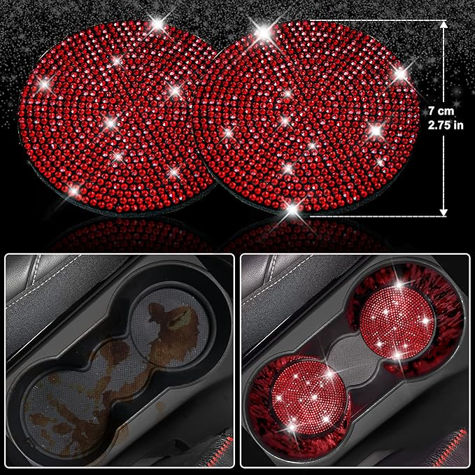 CAR PASS Leather Red Diamond Seat Cover Set, 11pcs Including Steering Wheel & Gear Cover, for Women, Universal Fit
