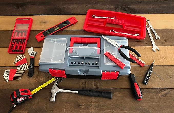 Apollo Tools 53 Piece Household Tool Set Includes Tools and Tool Box with a Selection of Most Needed Tools for Basic DIY Repairs, Maintenance and Crafts - Red