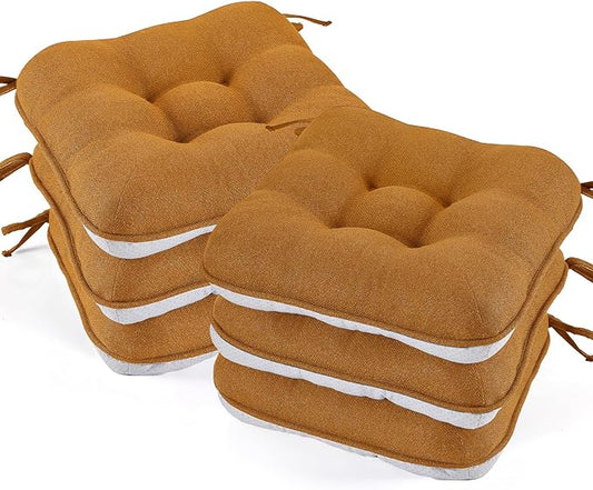 BETU Chair Cushions for Dining Chairs Set of 6,3.5" Thick Kitchen Table Chair Pads with Ties,Non Slip Backing and Covers, Seat Cushion for Dining Room,Bar,Patio Chairs,15.5"X15.5"X3.5",Caramel
