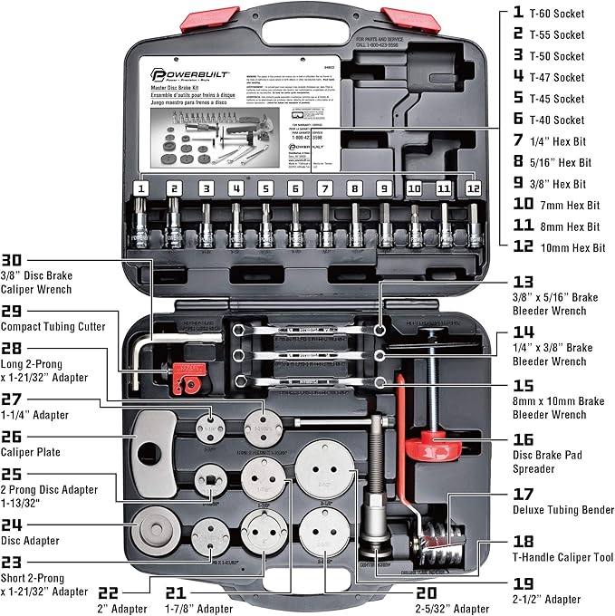 Powerbuilt Master Disc Brake Service Set, Vehicle Brake Caliper Wind Back Tool for Cars, Trucks, Piston Compression 30 Piece -648622