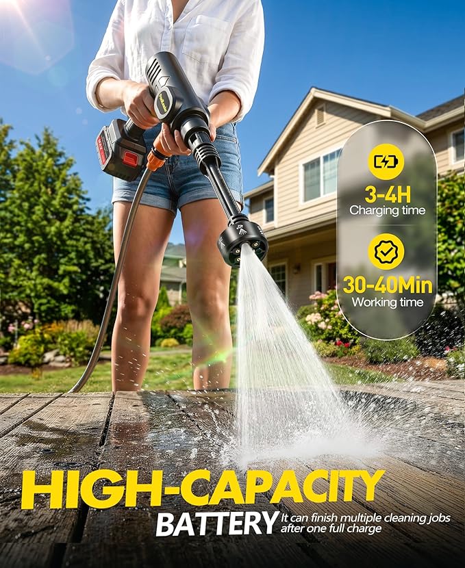 PoolLeader Cordless Car Cleaning Tool, Lightweight Portable Car Cleaner with 6-in-1 Nozzle & Foam Cannon, Battery Operated Cordless Car Wash Spray, Handheld Wash Machine for Car, Patio, Home - Yellow