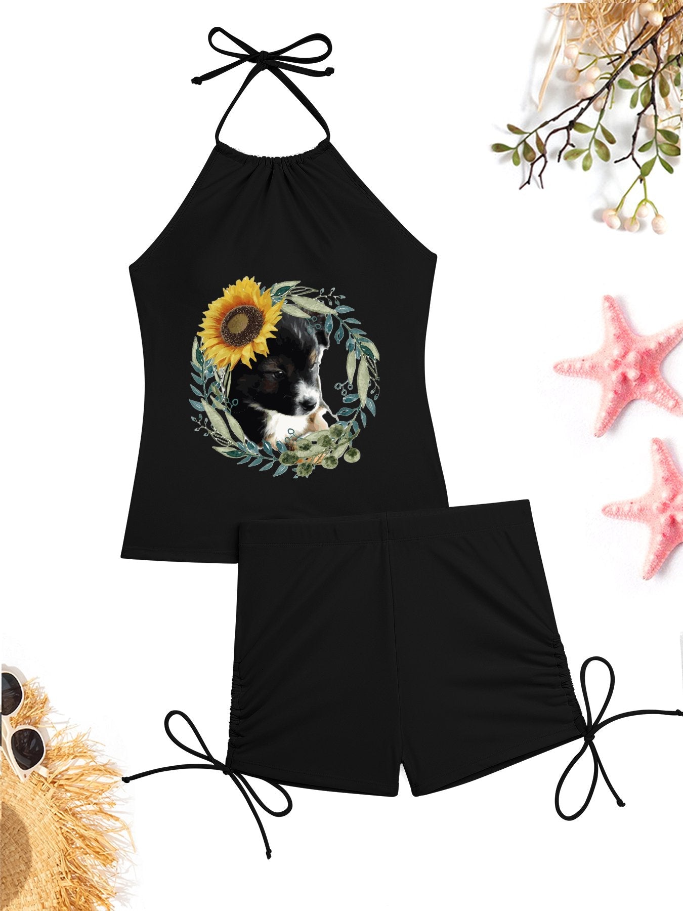 Cute Black Puppy Tankini Swimsuits with Shorts for Women (Front Printing)