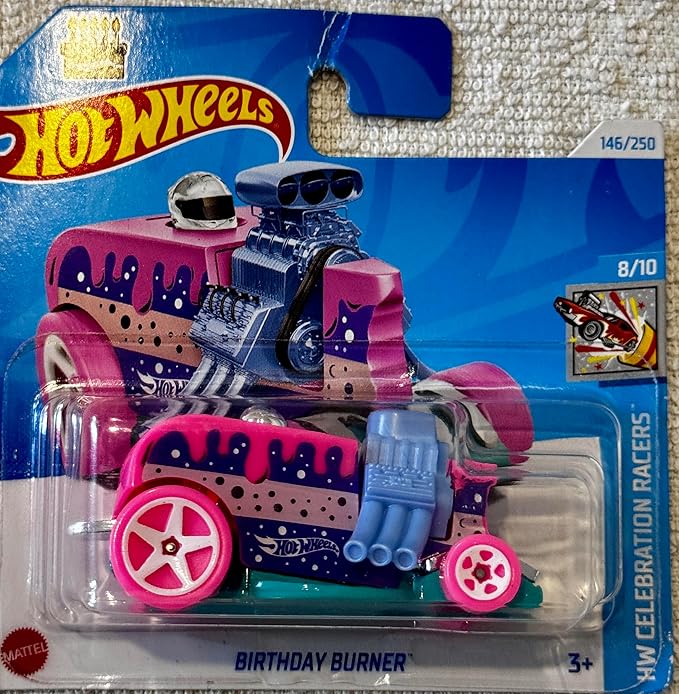 Hot Wheels Celebration Racers, HW Birthday Burner, Pink and Teal, 8/10