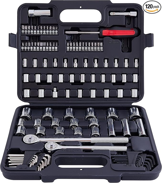MECHMAX 120-Piece Socket Wrench Set with 1/2" & 3/8" Drive Ratchets. Mechanics Tool Kit includes SAE & Metric Sockets, Deep Sockets, Spark Plug Socket, Bits & Hex Keys for Auto Repair, Garage & Gift