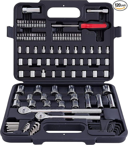 MECHMAX 120-Piece Socket Wrench Set with 1/2" & 3/8" Drive Ratchets. Mechanics Tool Kit includes SAE & Metric Sockets, Deep Sockets, Spark Plug Socket, Bits & Hex Keys for Auto Repair, Garage & Gift