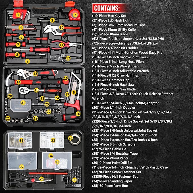 500-Piece Home Repair Tool Set with Drawer Toolbox – Comprehensive Household & Auto Maintenance Kit for DIY Enthusiasts, Homeowner, Handyman (500 PCS Black+Red)