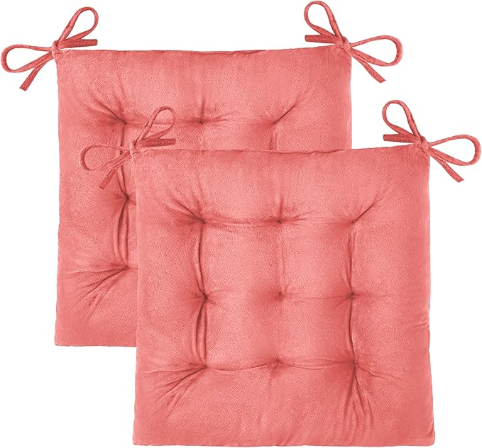 OVOV 2 Pack Chair Cushions for Dining Chairs Soft Seat Cushions for Kitchen Desk Chairs Square Chair Pads with Ties (15.5"x15.5" Pink)