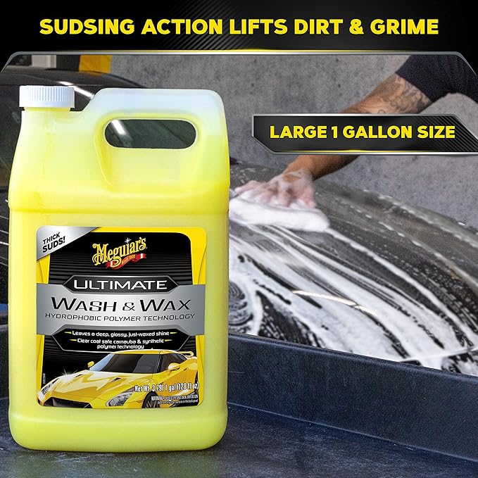 Meguiar's Ultimate Wash and Wax, Enhanced pH Neutral Car Paint Cleaner that Cleans and Shines in One Step, Adds Gloss and Protection, Great Car Gifts for Women and Men, 1 Gallon