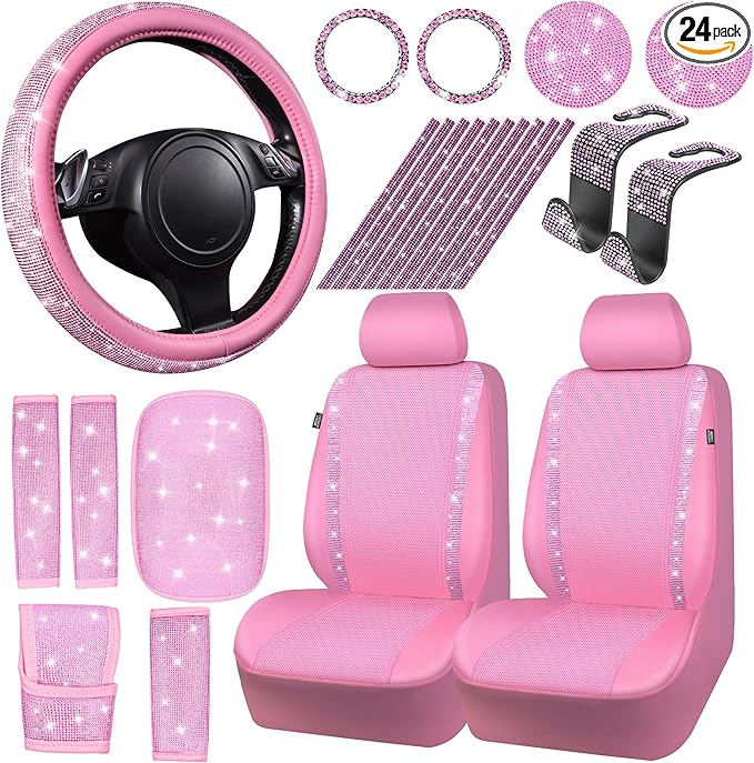 CAR PASS 24 PCS Pink Bling Diamond Accessories Set for Women, Leather Seat Covers, 15'' Steering Wheel Cover, Shining Rhinestone Sparkly Hooks, Coasters, Cute Interior Decorations