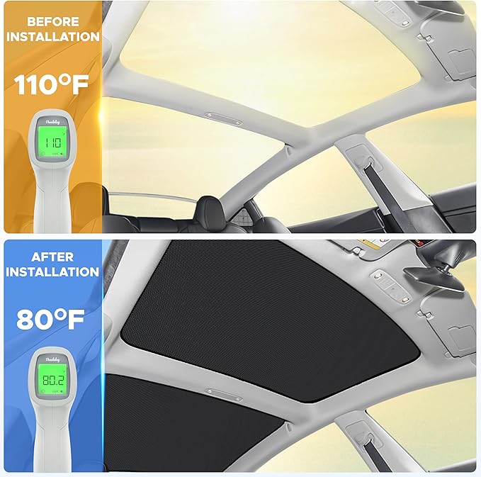 EcoNour Upgraded Tesla Model 3 Roof Sunshade (2021–2023 Highland) – No-Gap, Sag-Free Skylight Heat Insulation Reflective Glass Roof Cover –99% UV with Nano Ice Crystal-Coated Interior Sunshade