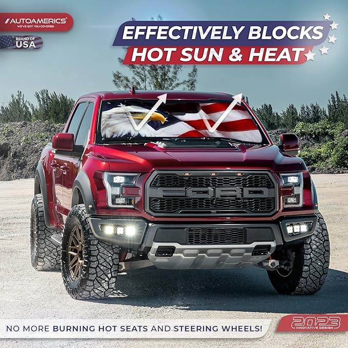 Autoamerics Truck Windshield Sun Shade with Storage Pouch & Anti-Slip Dash Pad - Foldable American Eagle Flag-3 Design - Fits Most SUVs & Trucks - Blocks UV Rays, Keeps Car Cool | X-Large (66 x 36 in)
