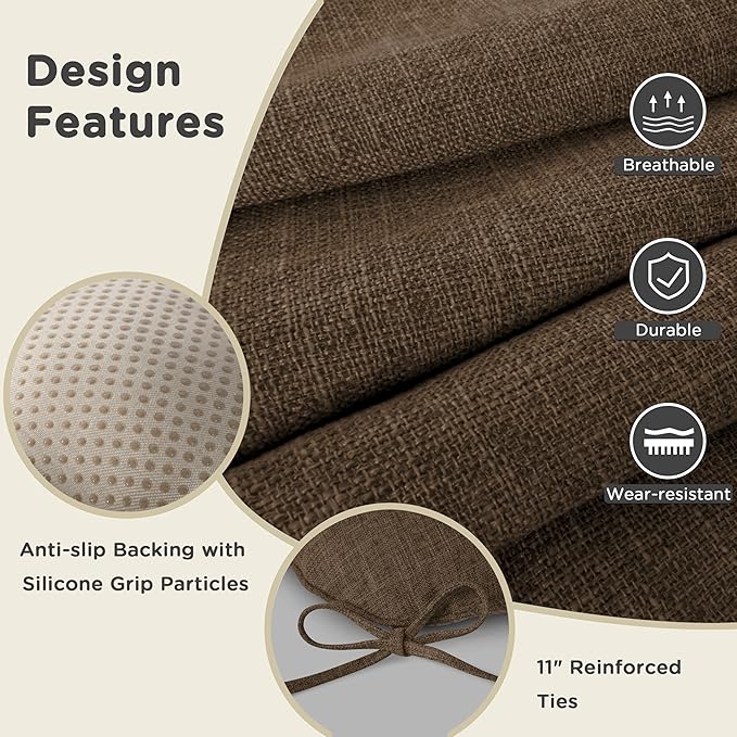 AddGrace Chair Cushions for Dining Chairs Set of 4 Kitchen Seat Cushions with Ties and Non Slip Backing Tufted Indoor Seat Pad for Kitchen Dining Room 18" x 17" x 3" Coffee