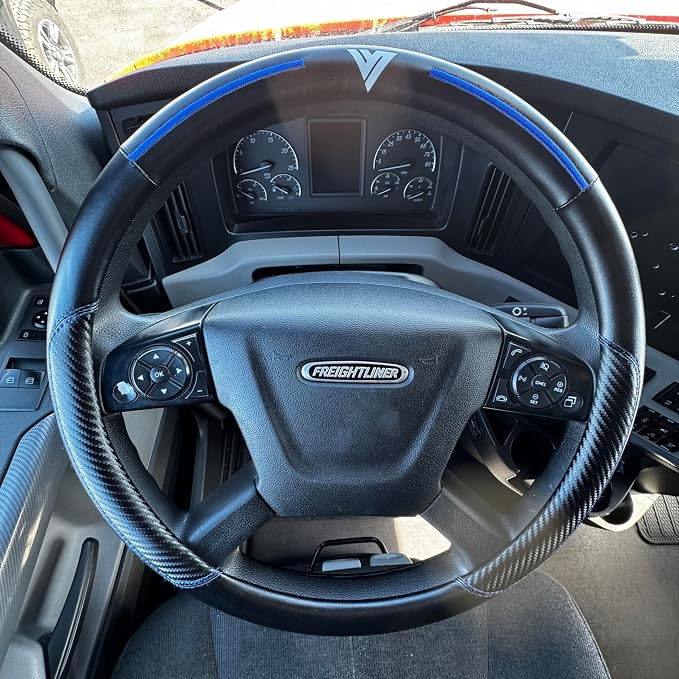 18-Inch Genuine Leather Steering Wheel Cover for Semi Trucks – Black with Blue Stripes, Universal Fit Heavy-Duty Non-Slip Grip, Comfortable Control, Easy Installation