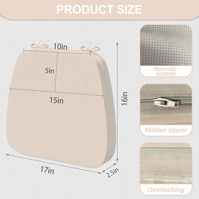 17'' x 16'' x 2.5"Thick Chair Cushions for Dining Chairs, 6 Pack WaterProof Easy Clean Kitchen Chair Pads with Ties and Non-Slip Backing - 30D High Elastic Foam Soft Kitchen Chair Cushions