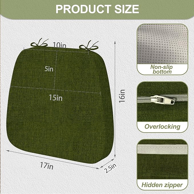 17'' x 16'' x 2.5"Thick Chair Cushions for Dining Chairs, 8 Pack WaterProof Easy Clean Kitchen Chair Pads with Ties and Non-Slip Backing - 30D High Elastic Foam Soft Kitchen Chair Cushions