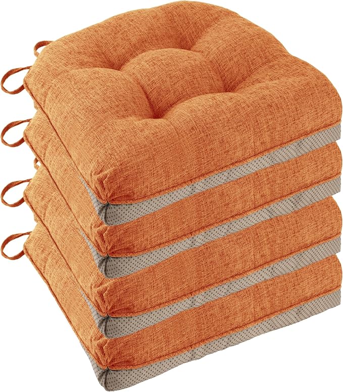 Non Slip Chair Cushions for Dining Chairs Set of 4 Kitchen Chair Cushions 18"x18"x3" Turfted Chair Pads Comfortable and Soft Seat Cushion with Ties, Orange