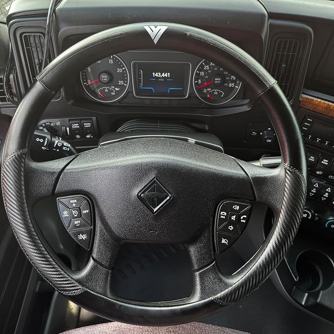 18-Inch Genuine Leather Steering Wheel Cover for Semi Trucks – Black with Black Stripes, Universal Fit Heavy-Duty Non-Slip Grip, Comfortable Control, Easy Installation