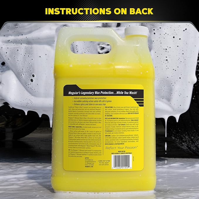 Meguiar's Ultimate Wash and Wax, Enhanced pH Neutral Car Paint Cleaner that Cleans and Shines in One Step, Adds Gloss and Protection, Great Car Gifts for Women and Men, 1 Gallon