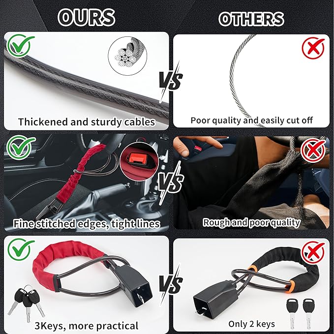 Car Steering Wheel Lock, 1 Pack Anti Theft Car Device with Max 17” Locking Length, Thickened Steel Wire, and Fine Stitched Edges, 3 Keys Included, Easy to Store, Fits Most Vehicles, SUVs（Red）