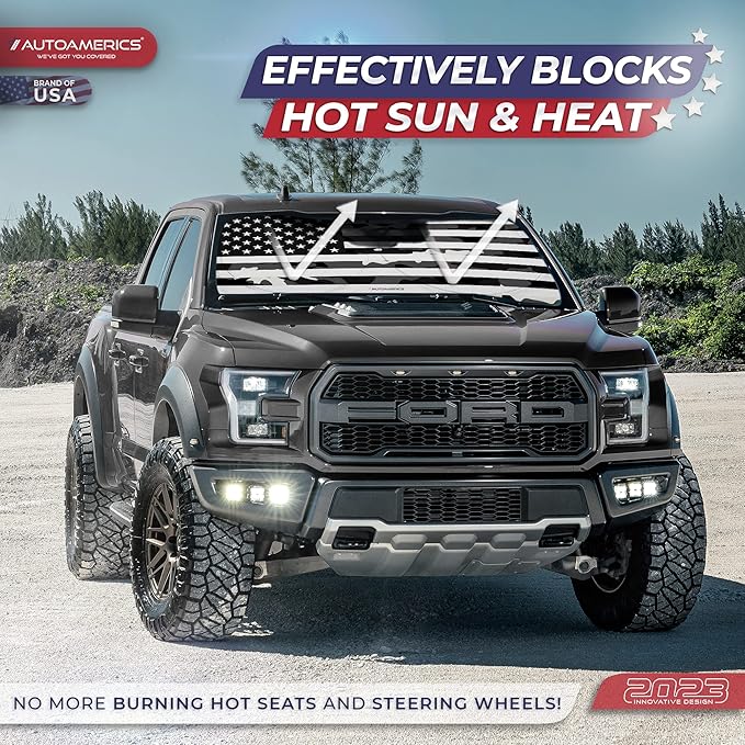 Autoamerics Truck Windshield Sun Shade with Storage Pouch & Anti-Slip Dash Pad - Foldable B&W Camo USA Flag Design - Fits Most SUVs & Trucks - Blocks UV Rays and Keeps Car Cool | XL (66 x 36 inches)
