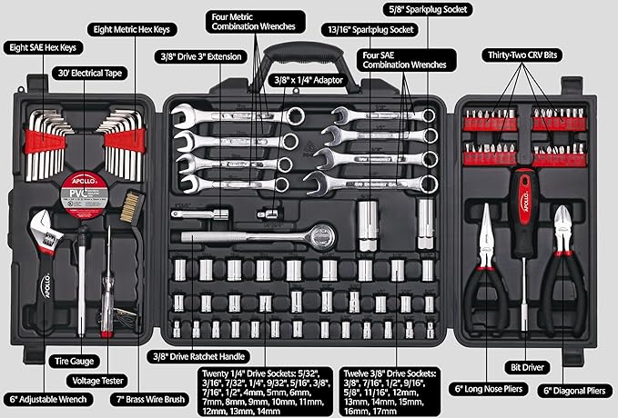 Apollo Tools 101 Piece Mechanic Tool Set for Roadside Emergencies. SAE and Metric for Mechanical Repairs for Boating, RV, Bikes, in Compact Carrying Case - Red - DT0006