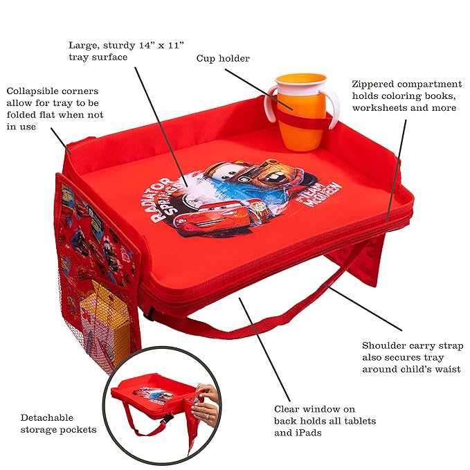 J.L. Childress Disney Baby 3-IN-1 Kids Travel Tray & Tablet Holder - Car Seat Lap Tray Desk for Toddlers, Road Trip Essentials, Activity Table, Travel Accessories - Cars