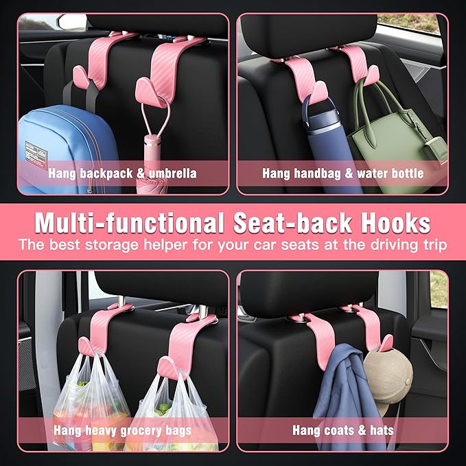Amooca Car Seat Headrest Hook 4 Pack Hanger Universal Vehicle Car Storage Organizer for Handbag Purse Coat S Type Checkered Pink