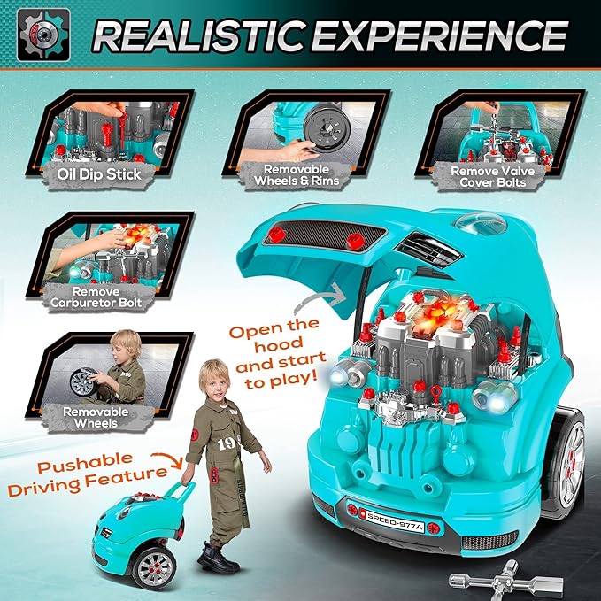 Qaba Truck Engine Toy, Kids Mechanic Set with Lights, Sounds, Steering Wheel and Horn, Pretend Car Service Station Play with 61-Piece Included for Kids Aged 3+, Blue