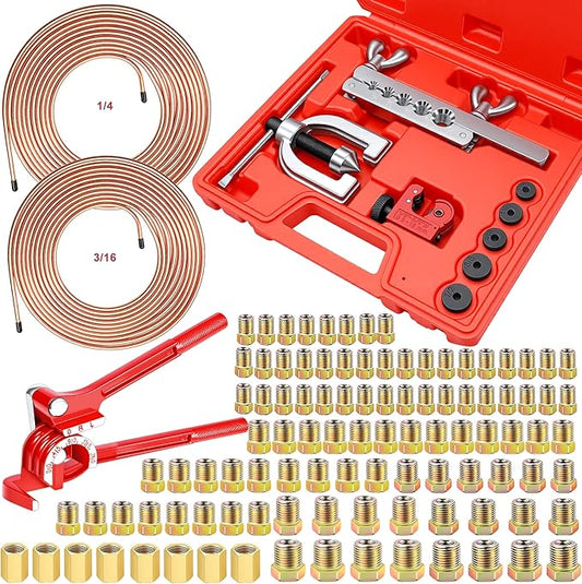 smseace 112Pack 3/16 Inch+1/4 Inch Double & Single Brake Line Flaring Tool Kit include 25 FT Copper-plated Brake Lines with Fittings,Union,Tubing Bender,Flare Tool,Cutter Brake Line Repair Kit