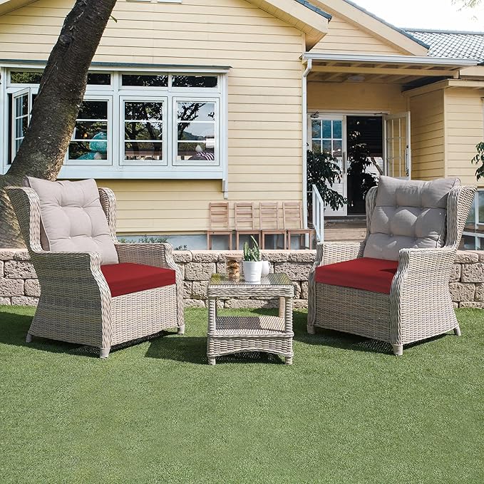 UNIKOME Outdoor Chair Cushions Pack of 4, Water Resistant Patio Cushions with Ties, High Density Sponge Filling Square Corner Seat Cushions for Outdoor Furniture, 24"*24"*4", Wine