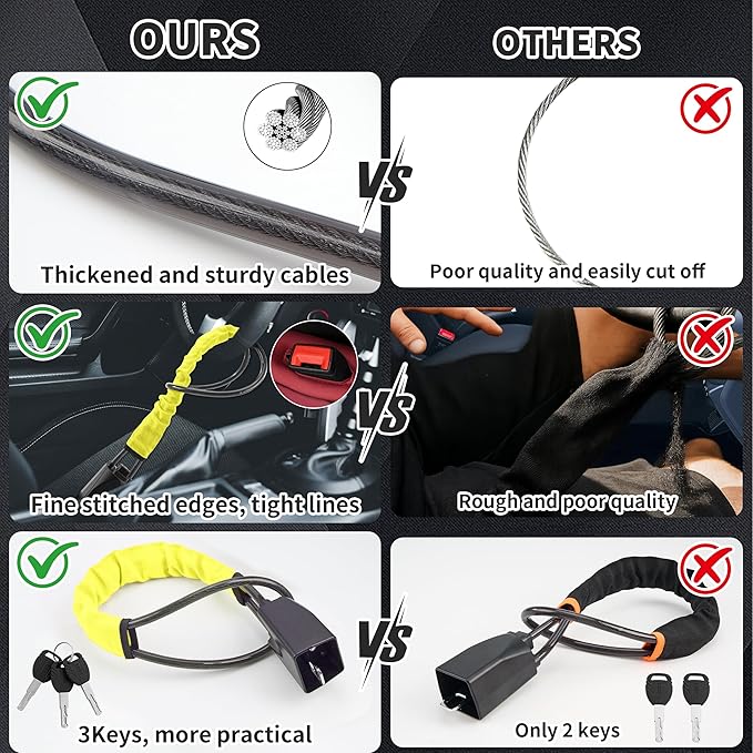 Car Steering Wheel Lock, 1 Pack Anti Theft Car Device with Max 17” Locking Length, Thickened Steel Wire, and Fine Stitched Edges, 3 Keys Included, Easy to Store, Fits Most Vehicles, SUVs（Yellow）