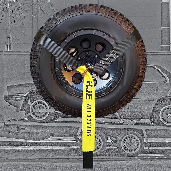 KJE 4 Pack Car Tie Down Straps for Trailers - Tire Ratchet Strap with Flat Hooks - 2" x 10' 10,000LBS Break Strength - Lasso Style Wheel Straps for Hauling UTV, SUV, Any Cars