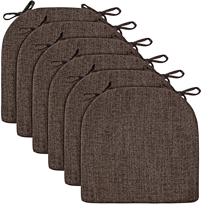 Wellsin Chair Cushions for Dining Chairs 6 Pack - Kitchen Chair Cushions with Ties and Non-Slip Backing - Dining Chair Pads 16"X16"X2", Brown