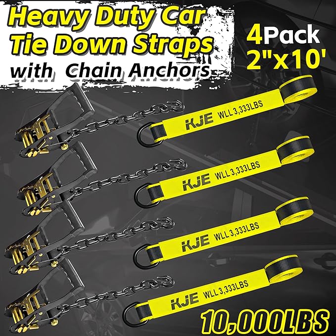 KJE 4 Pack Reflective Car Tie Down Straps for Trailers - Tire Ratchet Strap with Chain Anchors - 2" x 10' 10,000LBS Break Strength - Lasso Style Wheel Straps for Hauling UTV, SUV, Truck, Any Cars