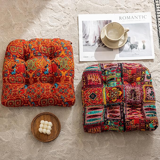 vctops Boho Geometric Chair Cushions with Ties U-Shaped Soft Cozy Cotton Linen Chair Pads Non Slip Seat Cushions for Indoor Dining Room and Kitchen Chairs (Orange,16"x16")