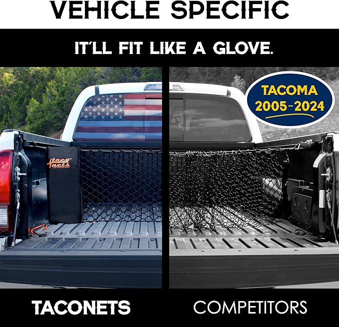 Envelope Cargo Net for Toyota Tacoma - Fits 2005-Current - Patented Bed Rail Integration - Upgraded 5mm Bungee - Integrated Storage Bag - Heavy Duty Carabiners - Designed in USA