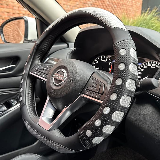 PINCTROT D Shaped Race Grip Steering Wheel Cover, Anti-Slip Silicone Perforated Design with Soft Touch Padding, Enhanced Grip for Sporty Driving Flat Bottom 14.5-15 Inch (Racing Silver)