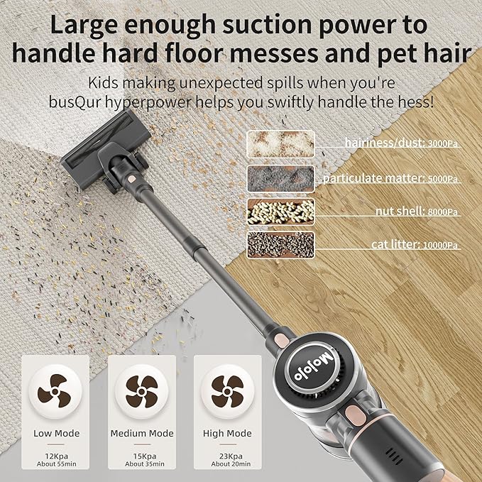 Mojojo Cordless Stick Vacuum Cleaner, 23KPa Handheld Rechargeable Battery Lightweight Small Silver Gray Electirc Broom, 55Mins Runtime for Home Hard Floor Carpet Pet Hair Cleaning