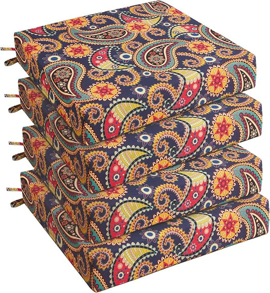 UNIKOME Outdoor Chair Cushions Pack of 4, Water Resistant Patio Cushions with Ties, High Density Sponge Filling Square Corner Seat Cushions for Outdoor Furniture, 24"*24"*4", Palmira Paisley