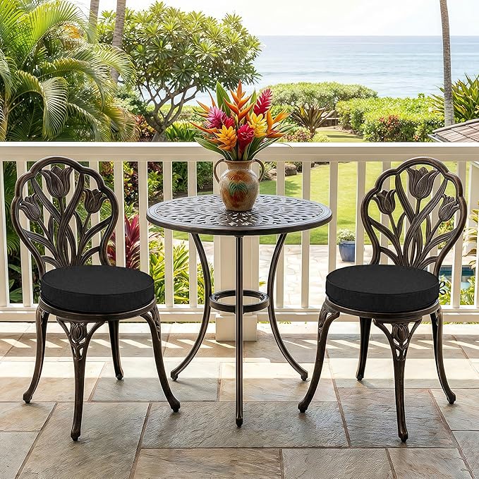 Outdoor Round Chair Cushions 18 Inch, Fade-Resistant & Water-Resistant, Bistro Chair Seat Pads for Porch Garden Balcony Patio Furniture Stools, Non-Slip Bottom, Set of 2, Black